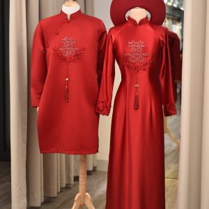 Áo dài cưới cặp đôi vải lụa sang trọng thêu nổi chữ Hỷ